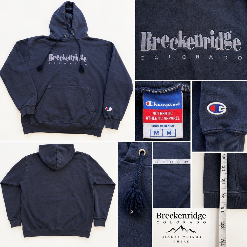 Champion Breckenridge Colorado Hoodie Mens M Navy Embroidered Ski Resort Vintage